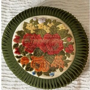 Vintage Round Floral Carpet Bag  Pillow Olive Green  Pleated Border